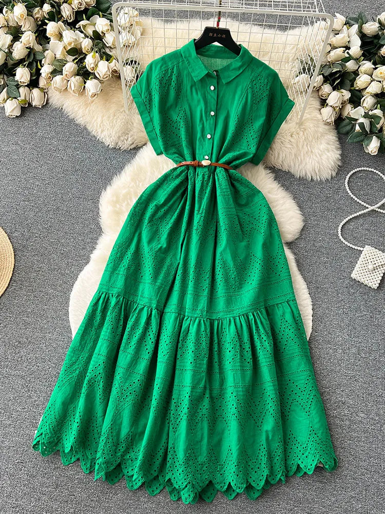 Women Summer Dress Loose Breasted Lace Up Long Dress.
