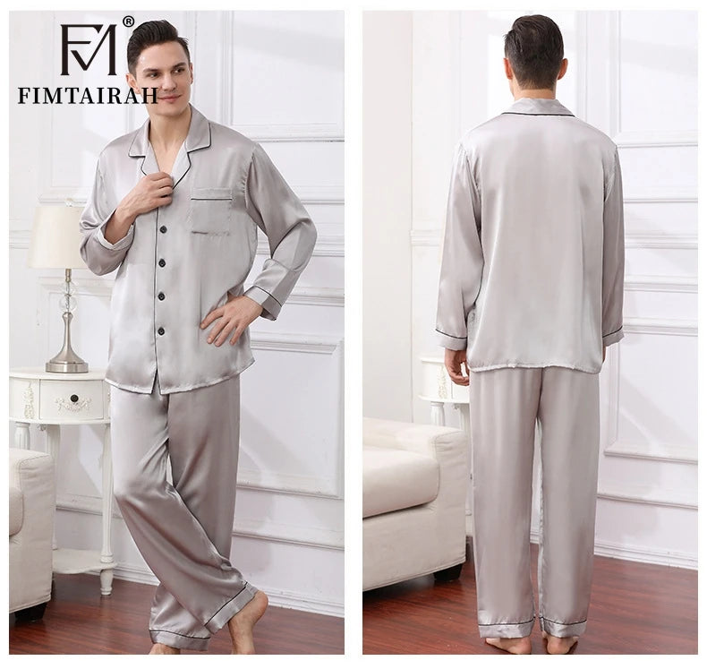 Men's Two Sets Sleepwear Summer Soft Long Sleeve  Home Wear  Mulberry Silk Pijimas.