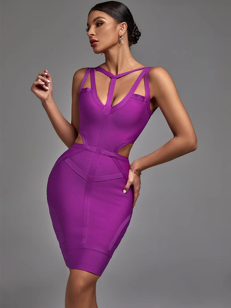 Summer Sexy Spaghetti Strap V Neck Cut out Dress Elegant Purple.