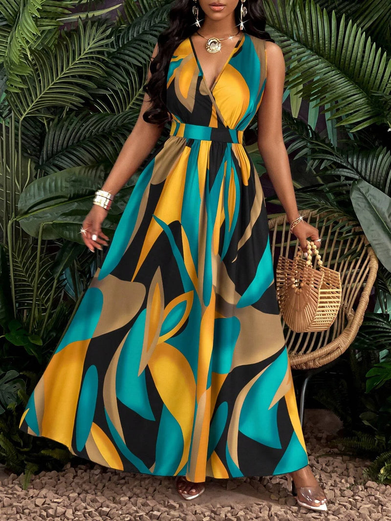 Women’s Tropical Print V-Neck Waist Section Cable Knit Fit And Flare Dress.