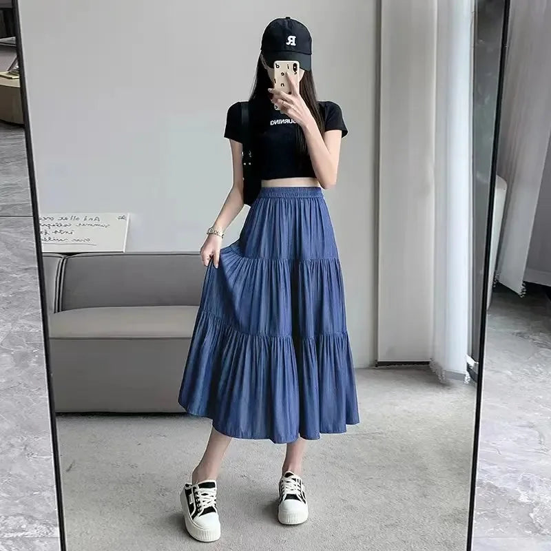 Spring Summer Women Skirts Vintage High Waist Elastic Patchwork.