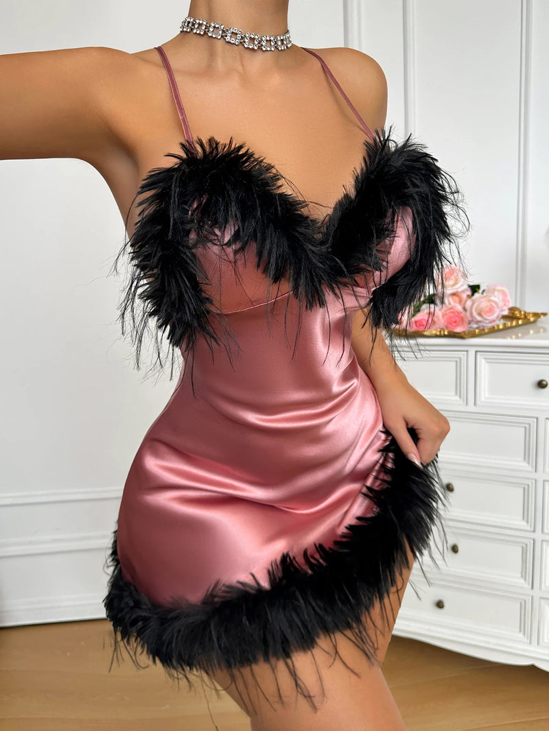 Sexy V Neck Feather Trim Women's Nightgown Fashion Elegant Pajamas.