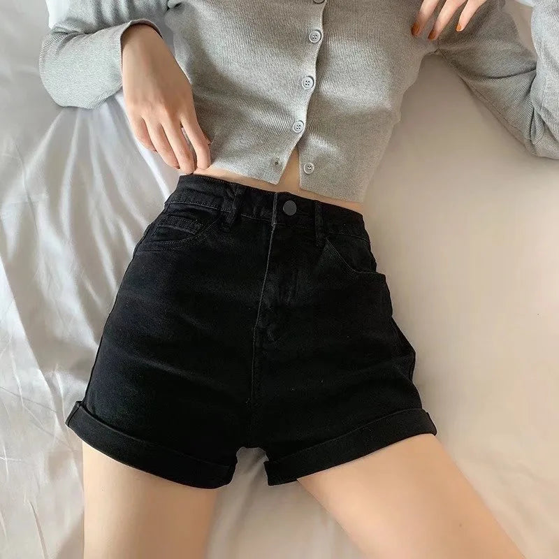 Denim Shorts Female Jeans Summer New High Waist Loose Fit Black Slimming.
