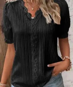 Elegant Women Blouse Shirt V Neck Lace Patchwork Short Sleeve Shirts.