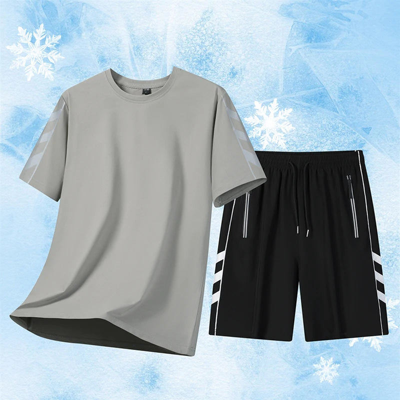 Summer Men's Outdoor Running Fitness Short Sleeved Shorts Ice Silk Set.