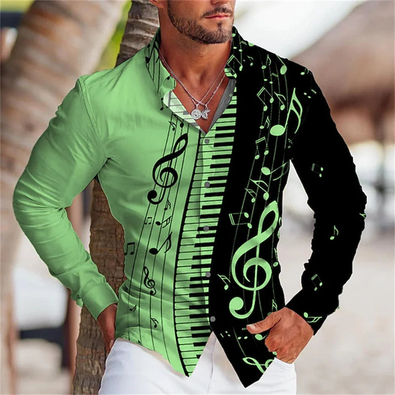Summer Men's Long Sleeves Shirt with Musical Instrument Symbol Pattern Printed.