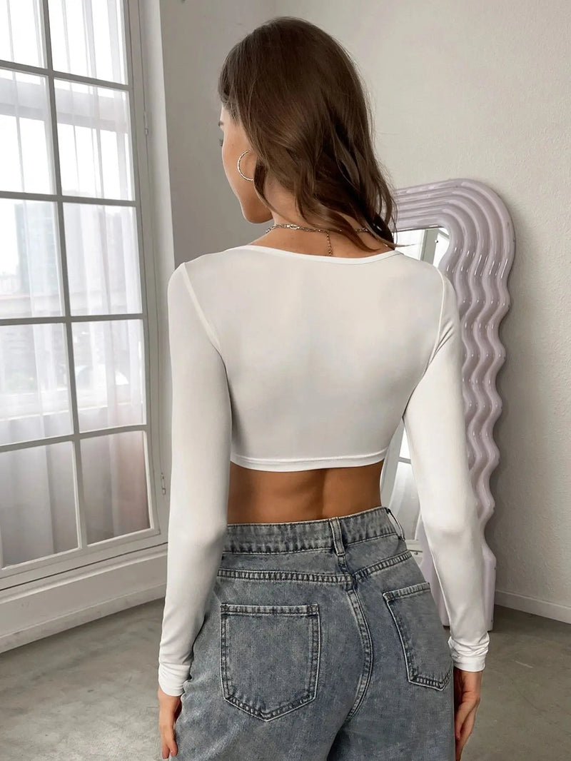 Spring Autumn Women Long Sleeve T Shirt quared Neck Cropped.