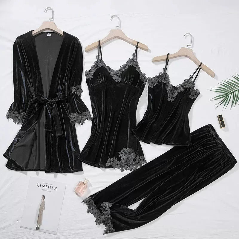 TOP Casual Velour Home Clothing 4pcs Sleep Set Intimate Lingerie Women Pajamas.