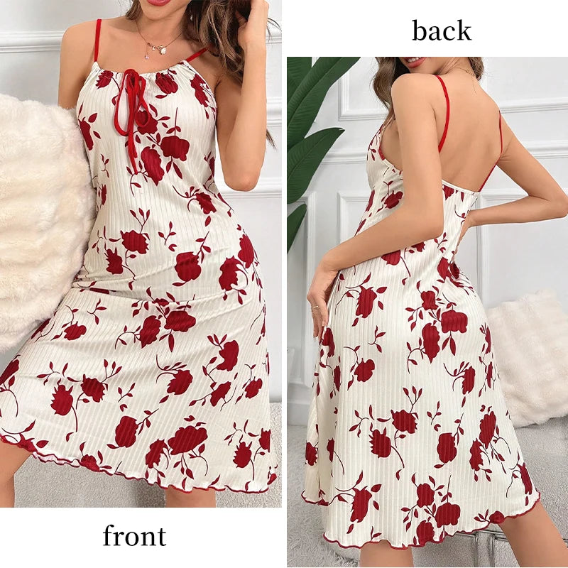 Women's Printed Knitted Ribbed Nightgown Women's Long Casual Backless.