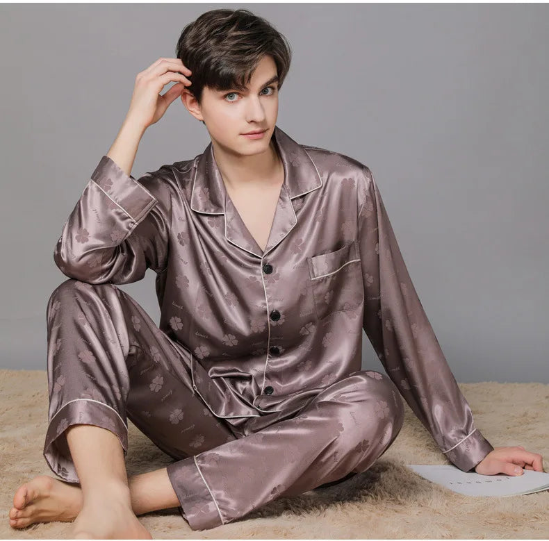 Men Ice Silk Pajamas Suit Summer Plus Size.