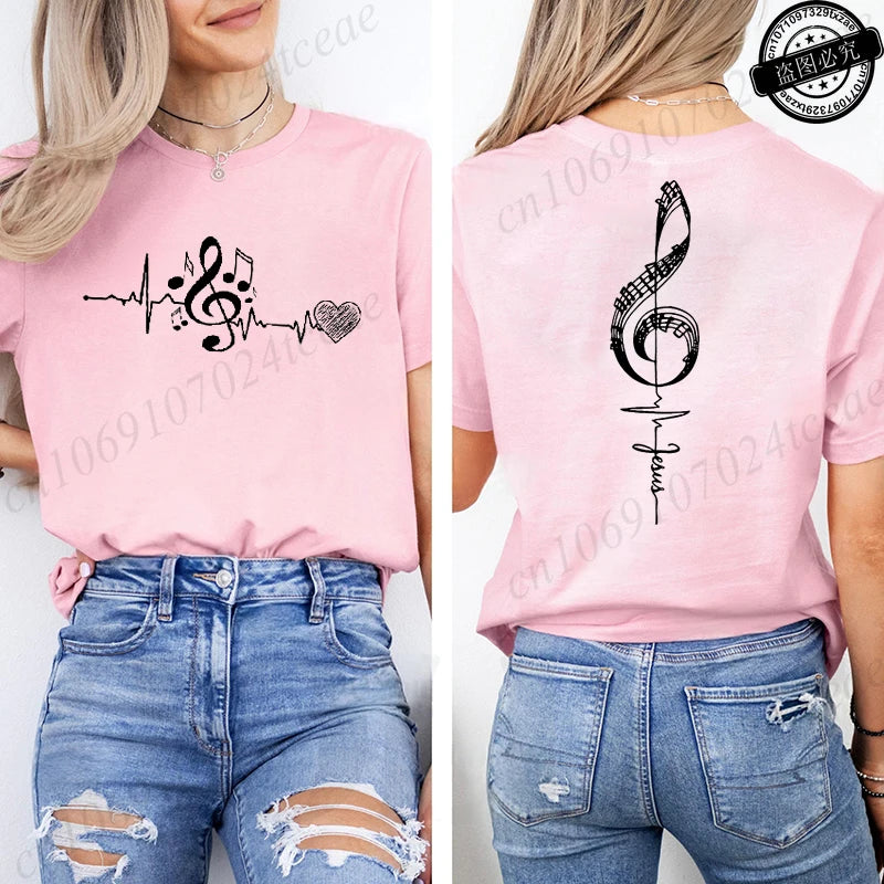 Musical Notes Printed T-Shirt for Women,Heartbeat Music Graphic Tee.
