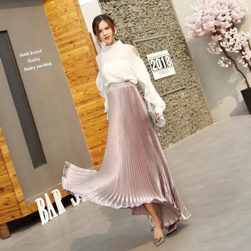 Women's Long Satin Metal Luster Pleated Skirt Half-length Accordion Skirt.