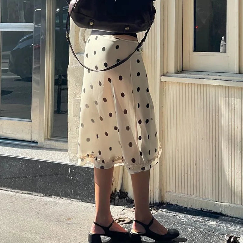 Casual Women Polka Dot Skirts Lettuce Trim Beige Elegant Midi Skirts.