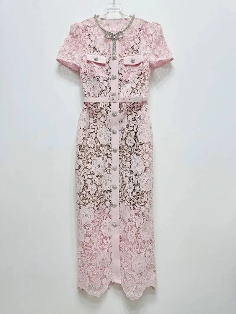 Women’s Lace Midi Dress Diamonds Bow Pink Floral Crystal Short Sleeve.