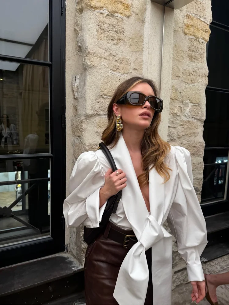 Women's White Tie Front Knot Blouse Elegant Sexy Shirt.