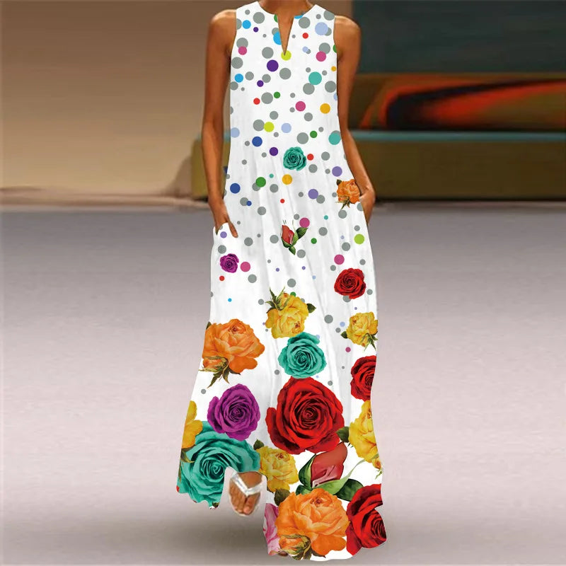3D Floral Printed Dress Summer Vintage V-neck Sleeveless Loose Maxi Dress Elegant.