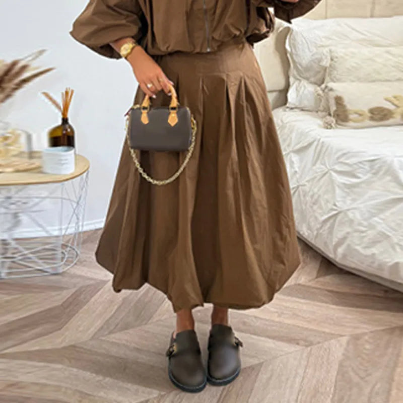 Spring Short Top Women 2 Pieces Set Elegant Turn-down Puff Sleeve Zipper.