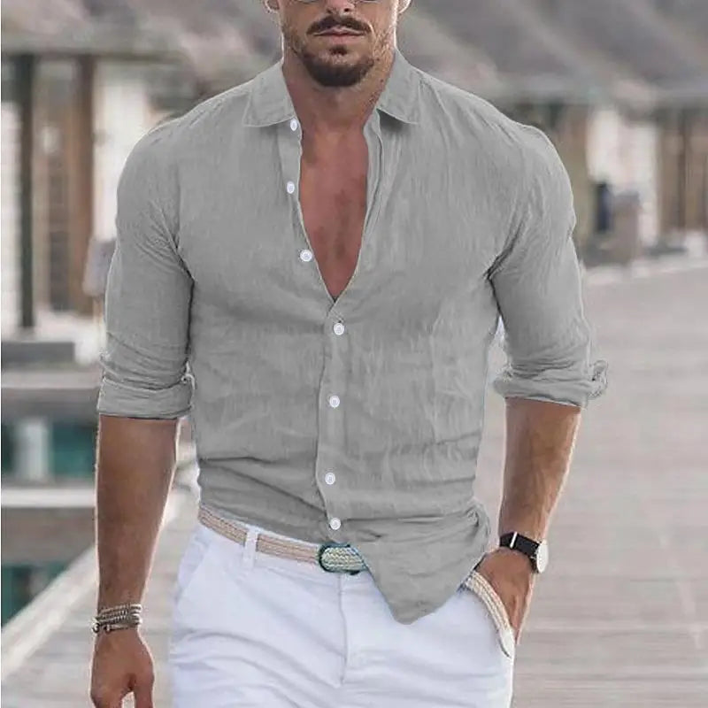 Men Cotton Linen Button Loose Blouse Shirts Spring Summer.