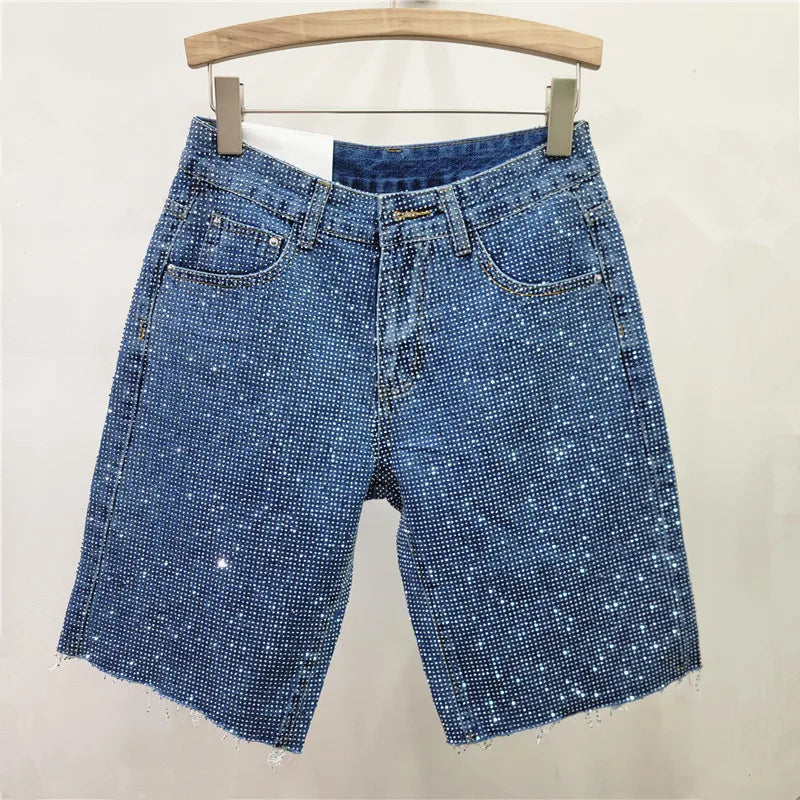 Denim Shorts Women Short Pants Diamonds High Waist.