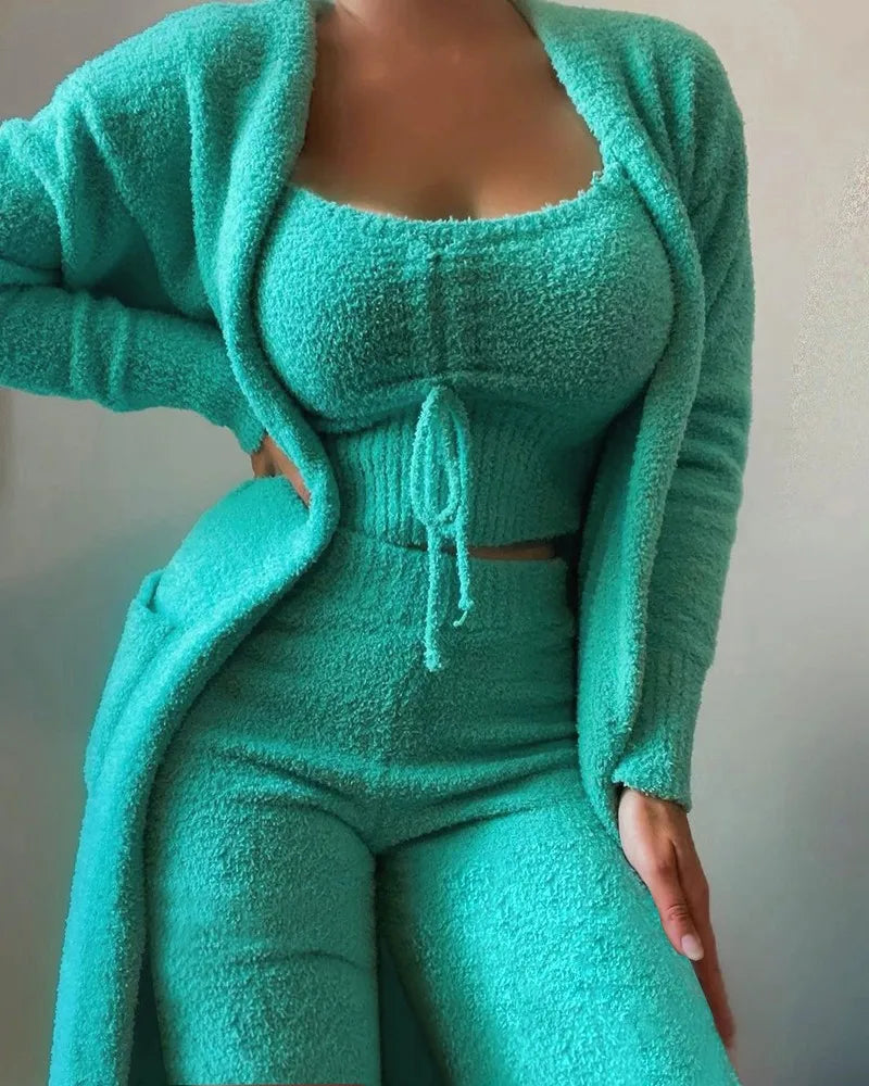 Luxury Women's Plush Pajamas Set Crop Top+Long Pants+Coat 3 Pieces.