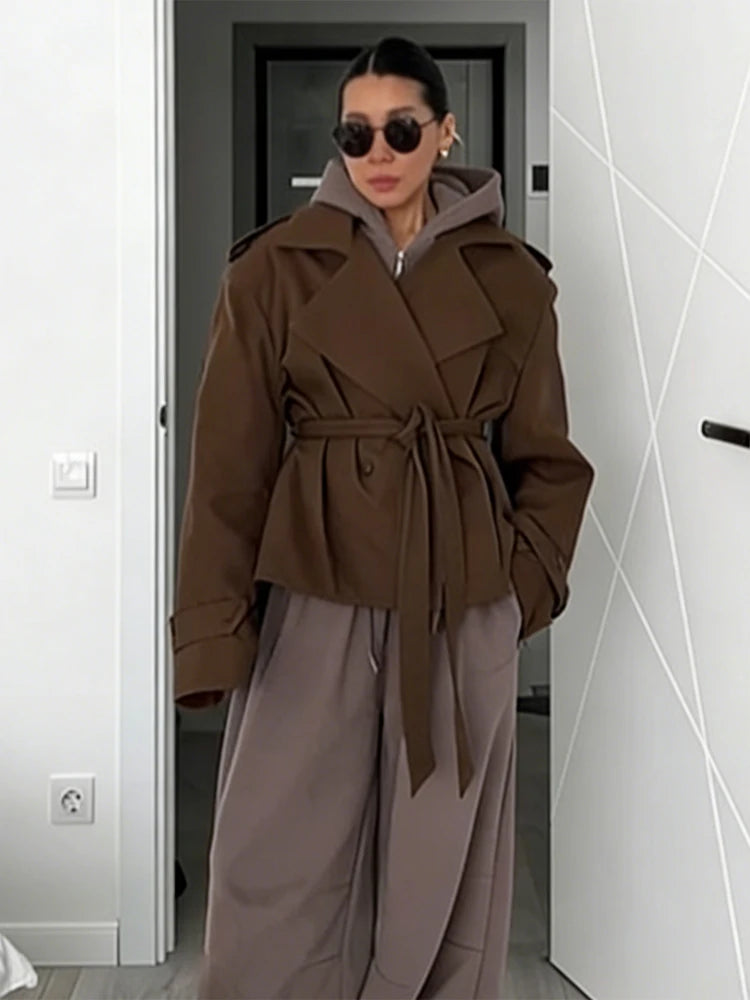 Casual Solid Lace Up Short Trench Coat Women Chic Long Sleeve.