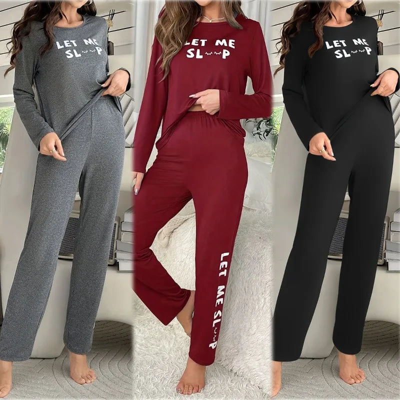 Women's Pajamas Set Letter Long Sleeve Top And Pants Sleepwear 2 Piece.