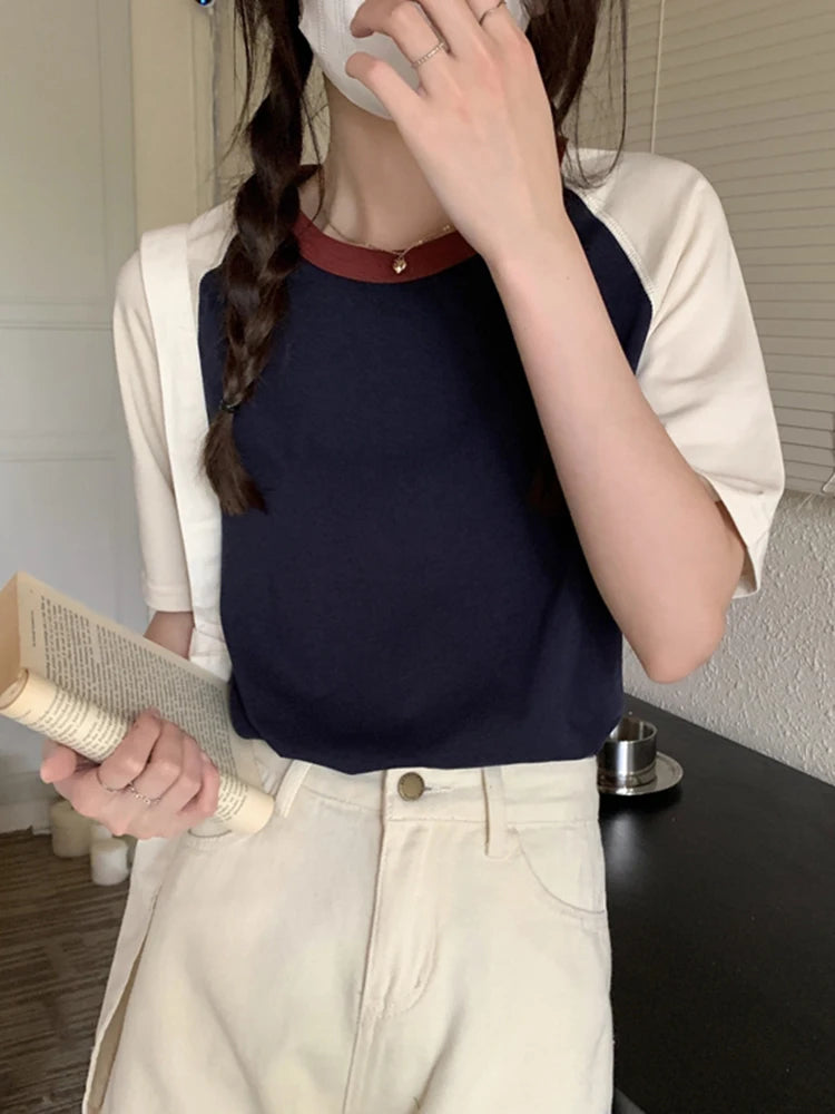 Summer Tops for Women Tshirt Turn Down Collar Short Sleeve Beige Blue Chic.