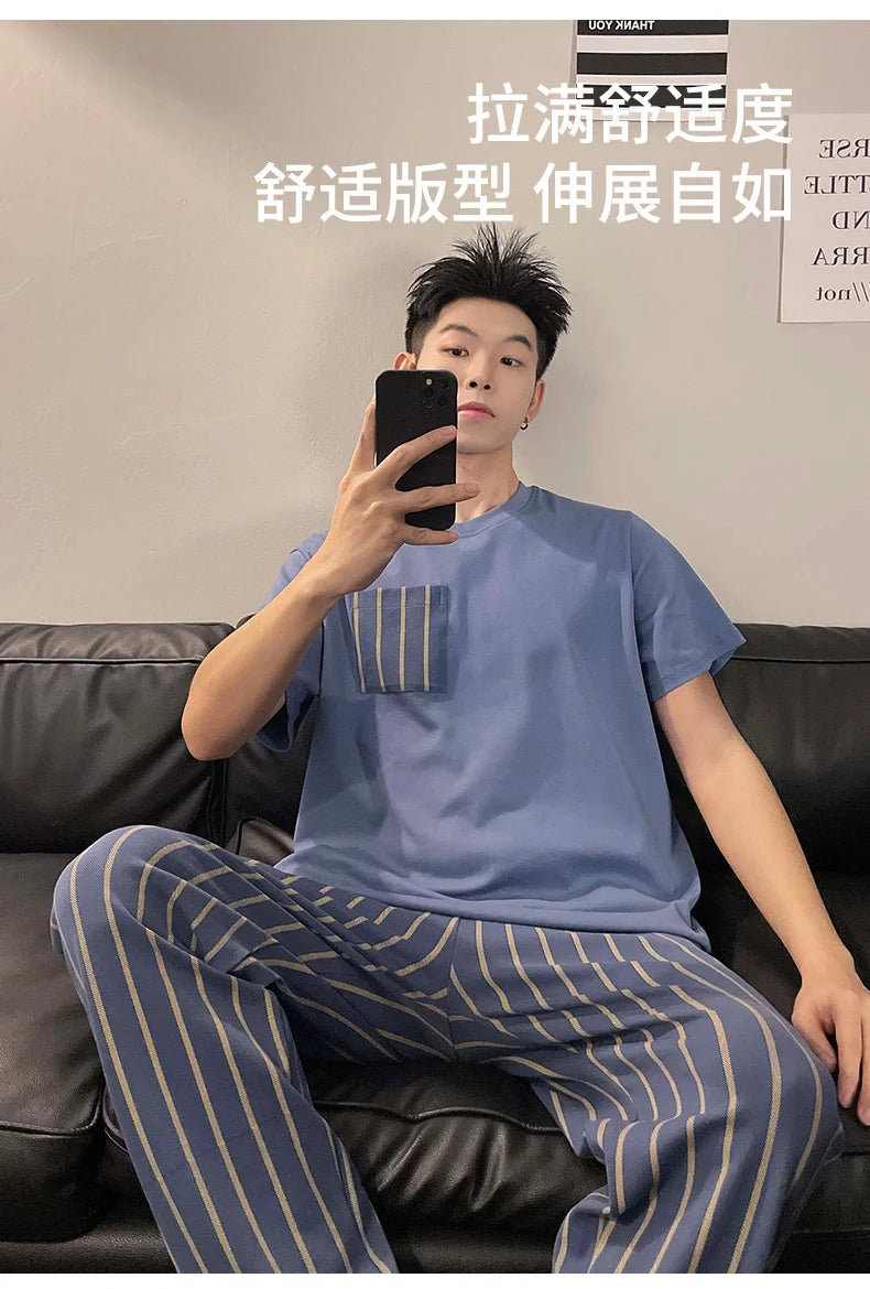 Summer Knitted Plaid Cool Mens Pyjamas Pajamas Casual Pjs Lounge Sets.