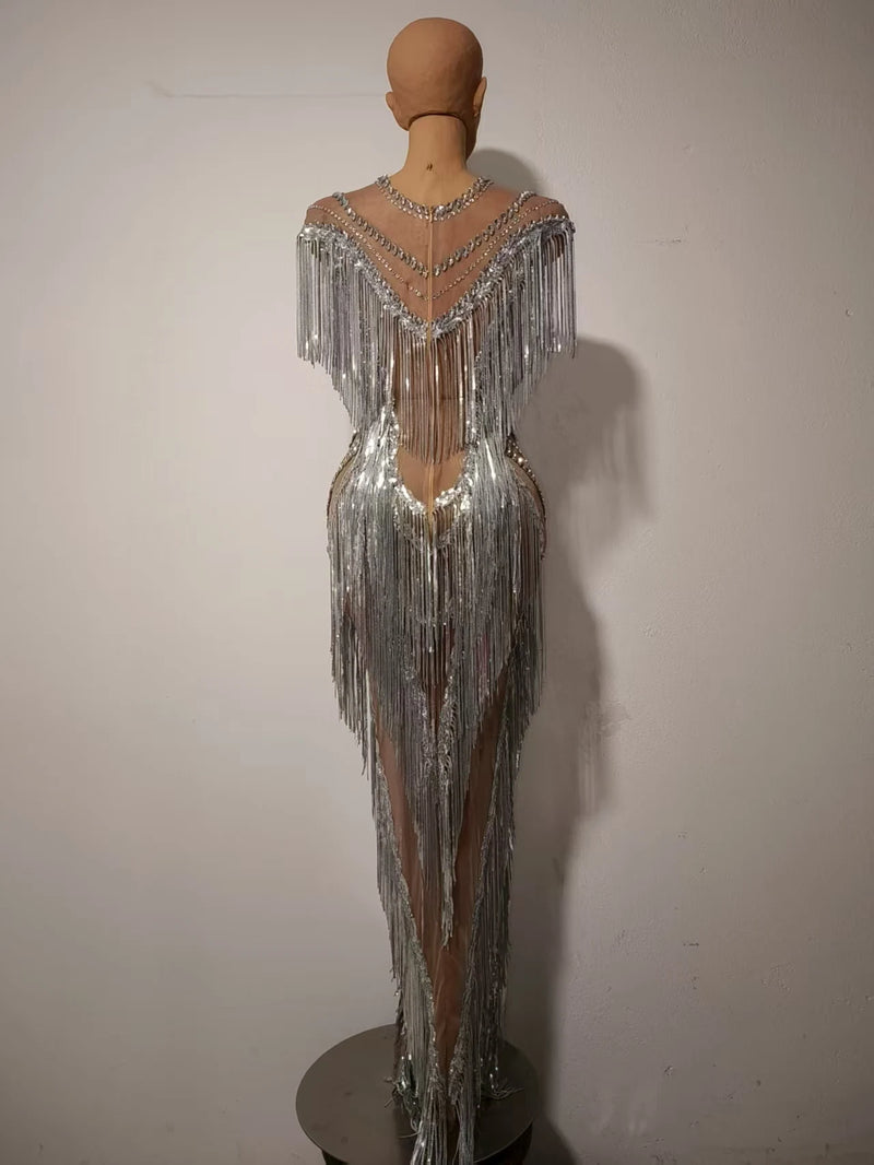 Women Sexy Mesh Sparkly Rhinestone Tassels Stretch Long Dress.