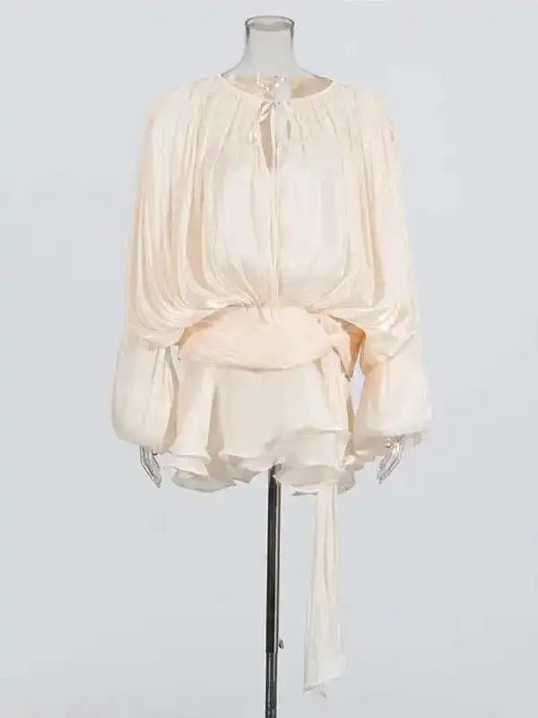 TWOTWINSTYLE Solid Blouse Mini Dresses For Women V Neck Long Sleeve.
