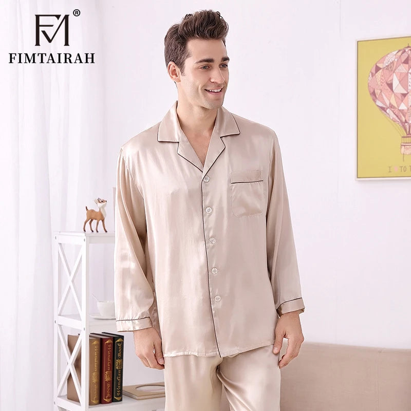 Men's Two Sets Sleepwear Summer Soft Long Sleeve  Home Wear  Mulberry Silk Pijimas.