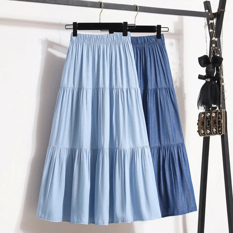 Spring Summer Women Skirts Vintage High Waist Elastic Patchwork.