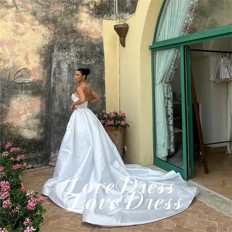 Women’s Customized Simple Stain Strapless Pleats A-Line High Side Slit Wedding Dress.