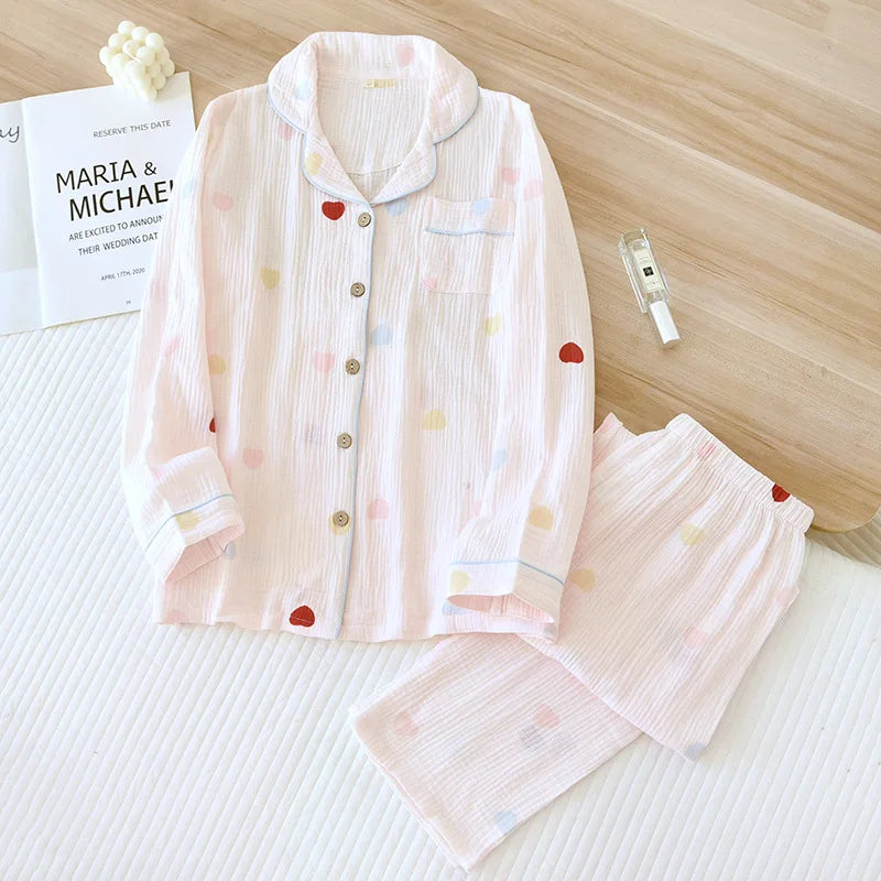 Women's Pajama SetCotton Crepe Cute Love Long Sleeve Long Pants.
