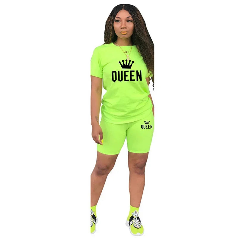 Summer Womens Tracksuit Queen Printing T-Shirt+Shorts 2 Piece Sets.