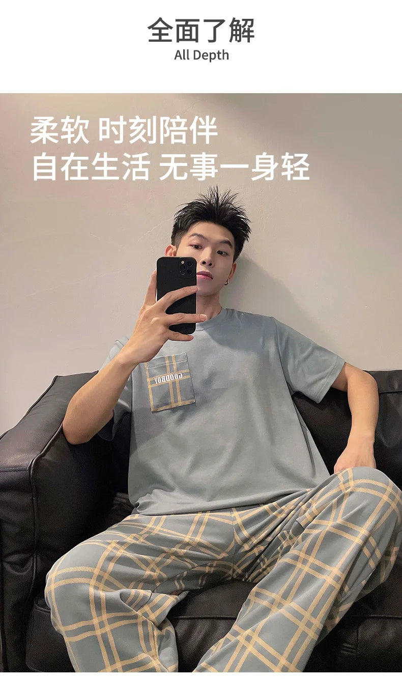 Summer Knitted Plaid Cool Mens Pyjamas Pajamas Casual Pjs Lounge Sets.