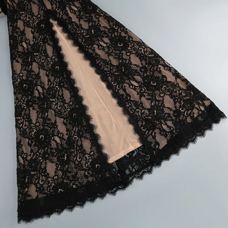 Women’s VC Black Lace Cut Out Long Dress Backless High Split.
