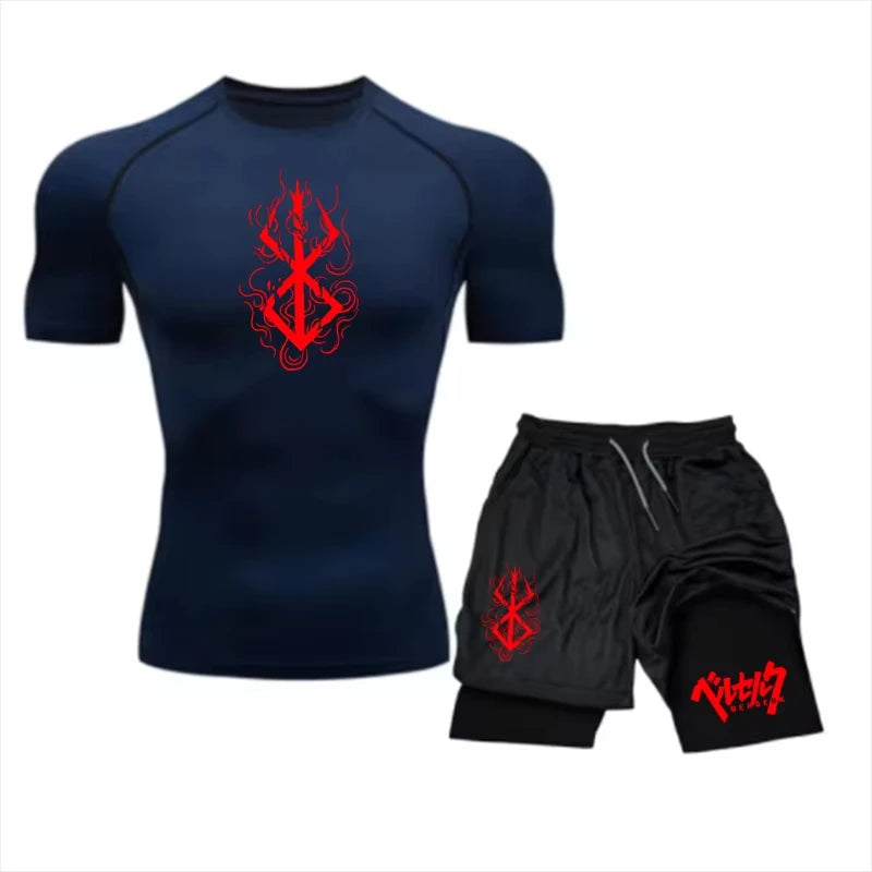 Men's Summer Gym Training Athletic Set - Short-Sleeve Compression Undershirt.