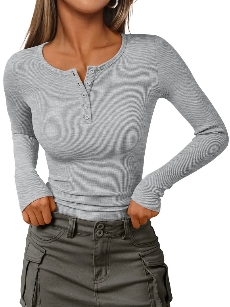 Fashionable Women's Long Sleeve Slim Fit Autumn Henry Collar T-Shirt.