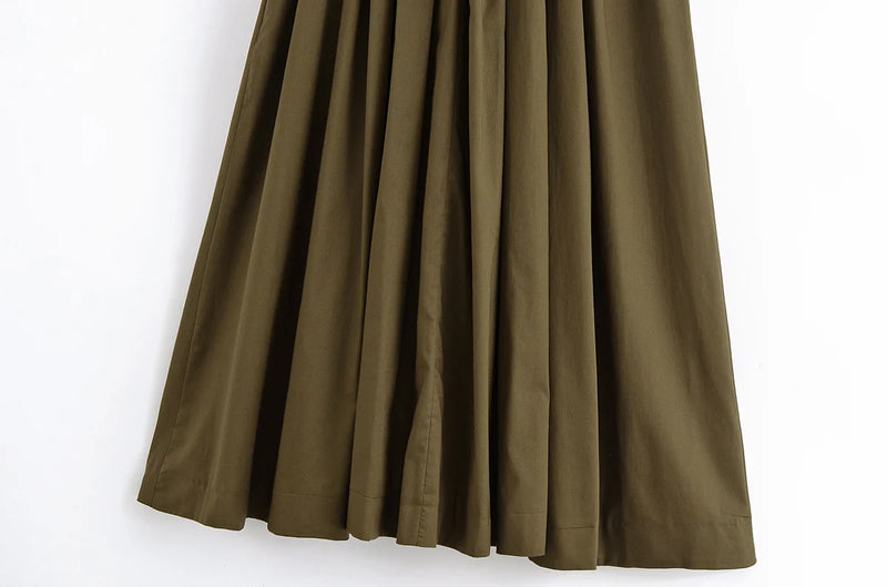 Women's New Fashion V-neck Pleated Down Shoulder Short Sleeve Midi Dress.