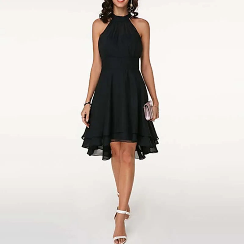 Women’s Elegant Dress Summer Solid High Waist Halter Sleeveless Midi Dresses.