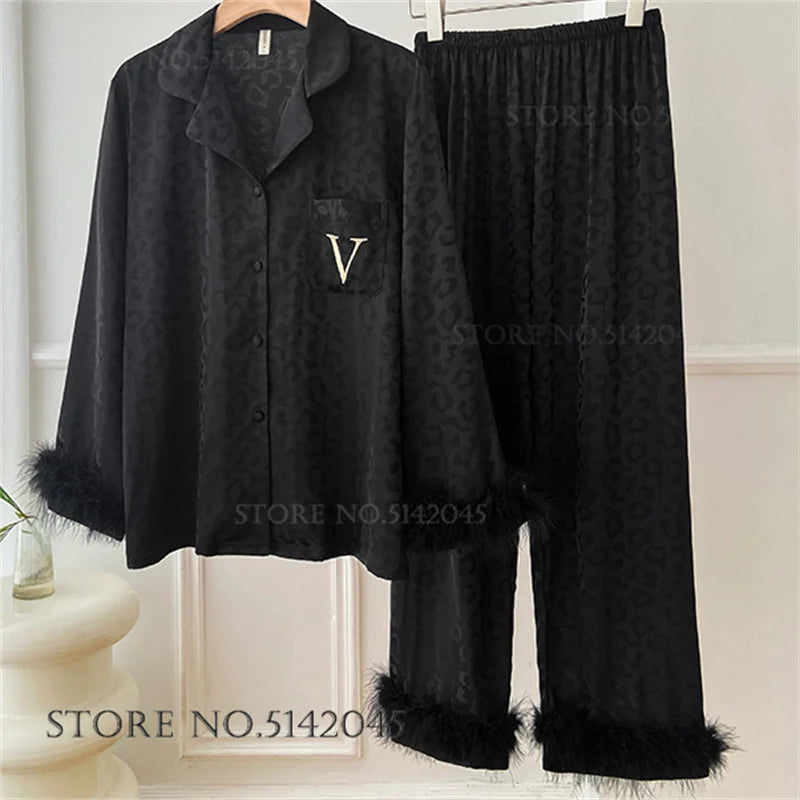 Female 2pcs Pajamas Set Sleepwear Long Sleeve Trouser Pijamas Suit.