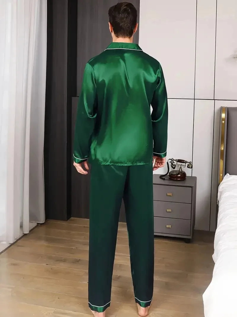 Men Pajamas Set Silk Satin Nightwear Shirt Long Sleeve.