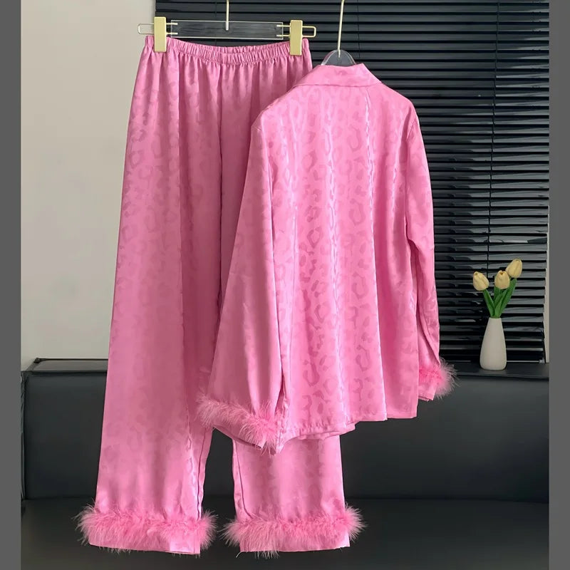Female 2pcs Pajamas Set Sleepwear Long Sleeve Trouser Pijamas Suit.