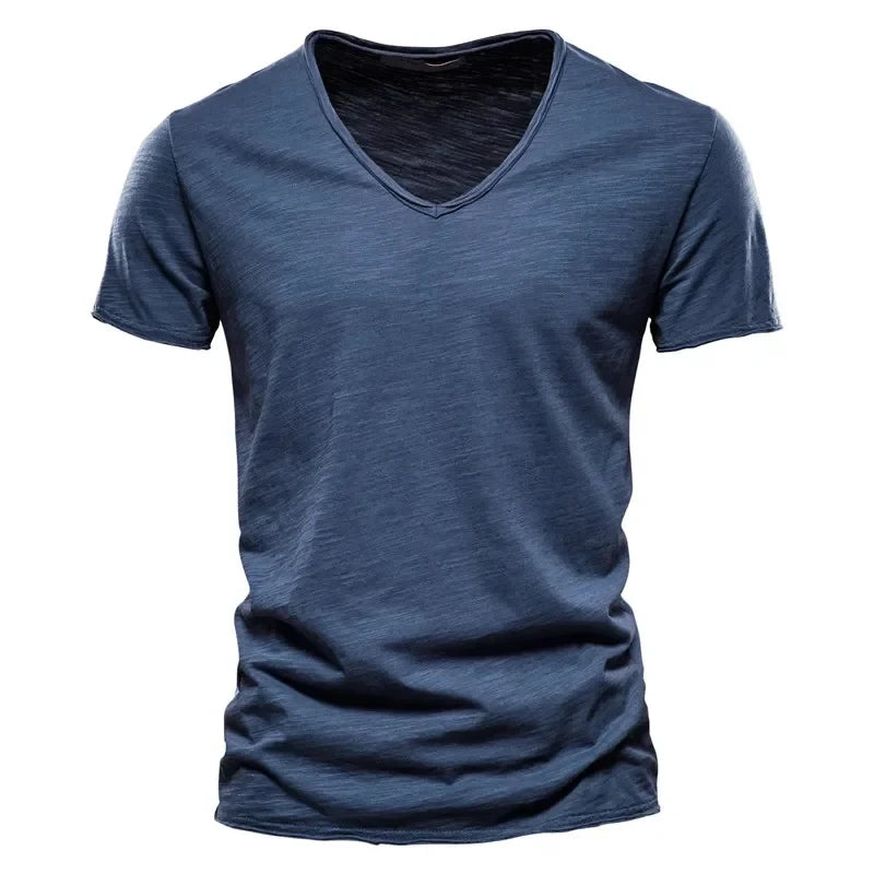 Spring Summer Cotton T Shirts Men Simple VNeck Stretch.