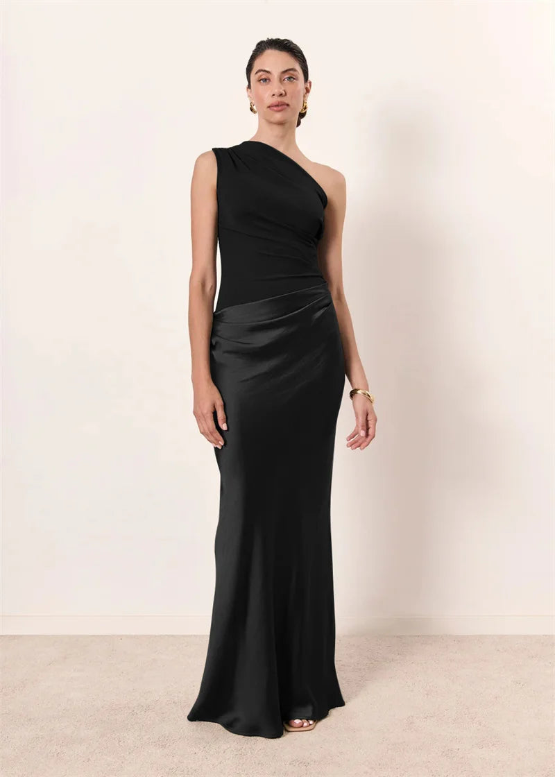 Women’s Mozision Satin Inclined Shoulder Sexy Maxi Dress.