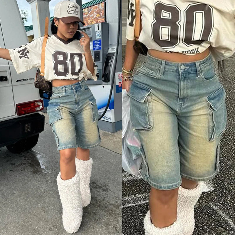 Summer Women High Waisted Jean Shorts Washed Pockets Elastic Straight.