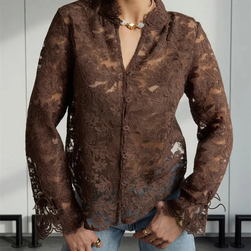 Tossy Sexy Lace Hollow Out Shirts Women Printed Casual See-Through.