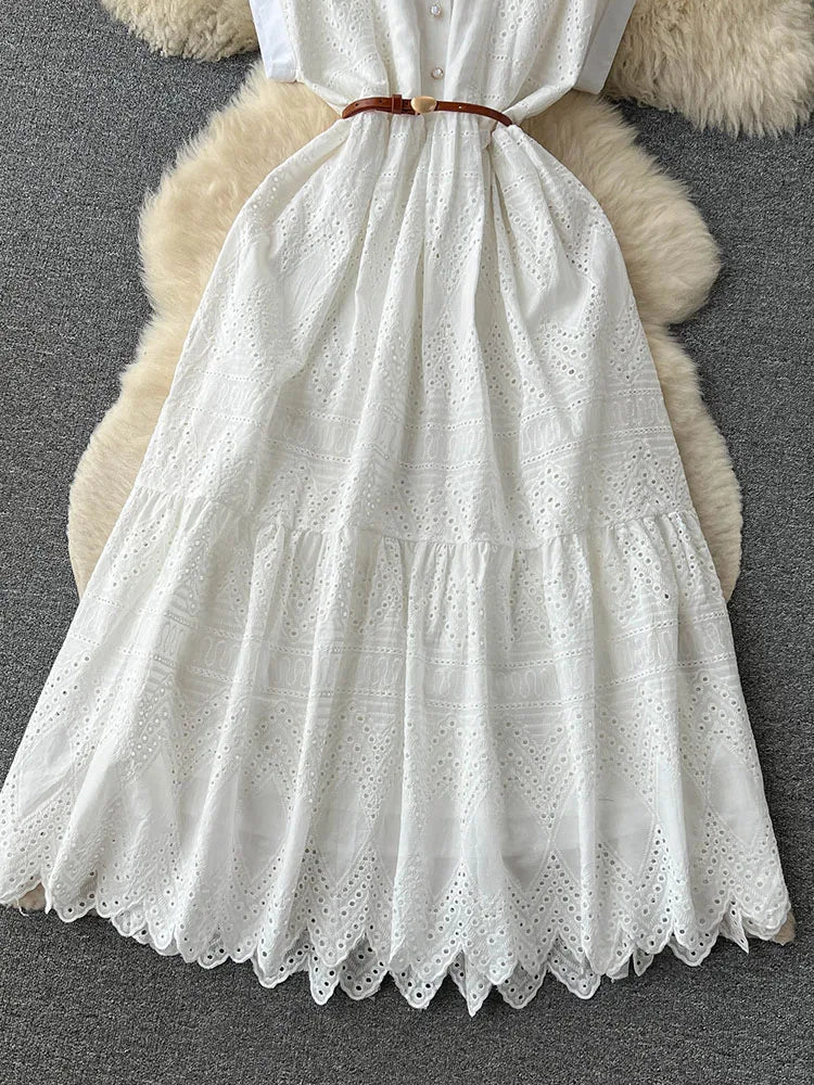 Women Summer Dress Loose Breasted Lace Up Long Dress.