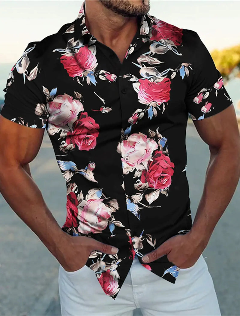 Summer Floral Rose 3D Print Shirts Men Fashion Shirt Casual Vintage.